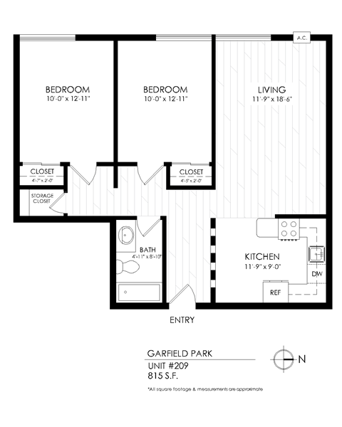 Floor plan for 2 beds, 1 bath, 815 sqft
